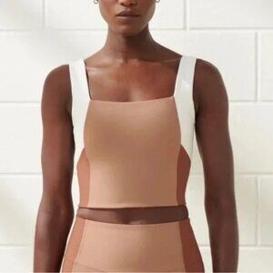 YPB SculptLUX Square Neck Slim Tank - White/Tan/Brown, Size Large 🧘‍♀️🩶